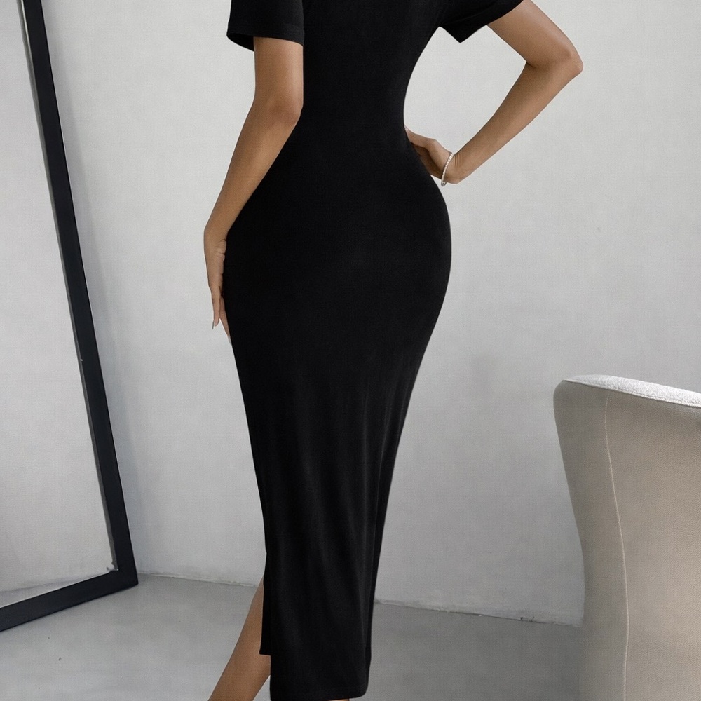 Black Ruched Semi-Sheer Button-Front Midi Dress -‎ Women's - Picture 2 of 4